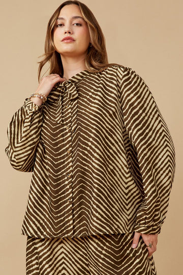 HK1331 Mocha Womens Animal Print Long Sleeve Tie Detail Shirt Front